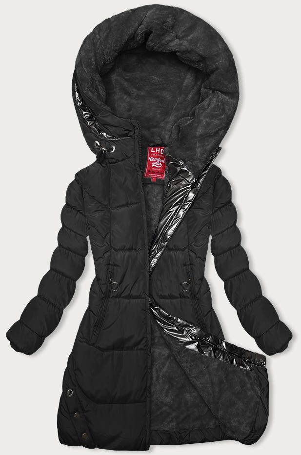 Černá bunda na zimu s kapucí a kožešinovou podšívkou, odcienie czerni S (36) i392_22579-46