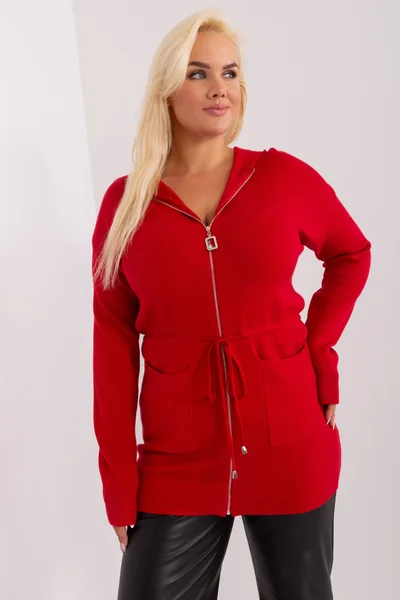 Červený plus size rozepínací svetr se šňůrkou - PM-SW-PM-3735