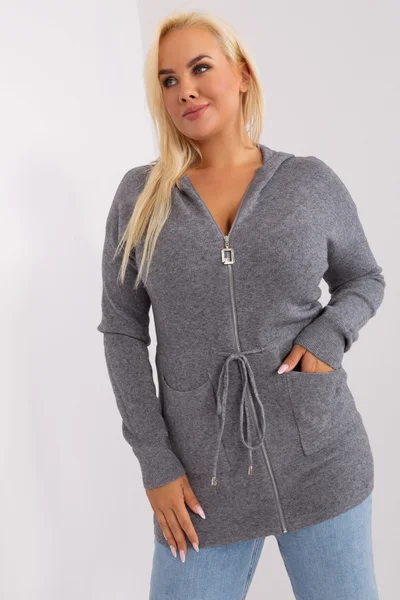 Tmavě šedý plus size svetr s kapucí na zip - FPrice