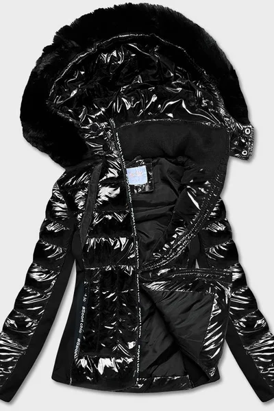 Černá lesklá bunda pro ženy s kapucí YES!PINK