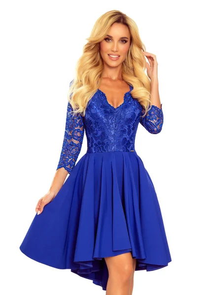 NICOLLE - Světle modré dámské šaty s delším zadním dílem a s krajkovým výstřihem AF43 Numo