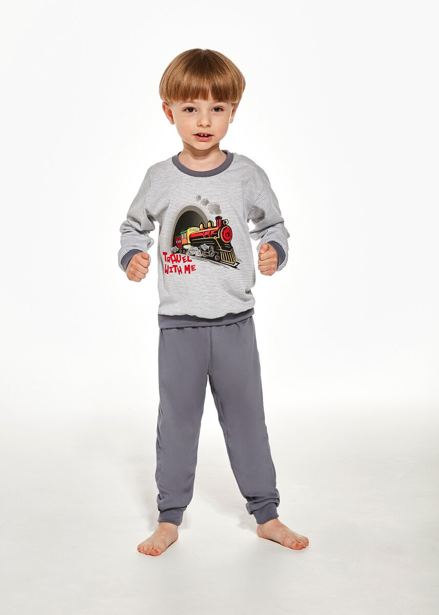 Šedé chlapecké pyžamo s vlakem - Cornette Kids Boy Train, šedá 122-128 i384_82596016