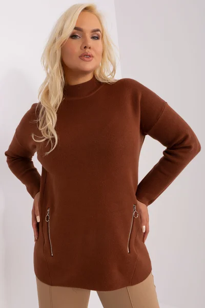 Dámský hnědý plus size svetr s viskózou - FPrice