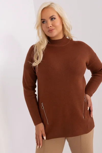 Dámský hnědý plus size svetr s viskózou - FPrice