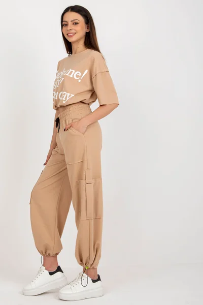 Dámská Camel tepláková souprava s lemy - Fashionhunters