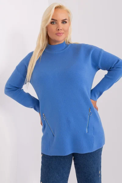 Dámský modrý plus size svetr s polovičním rolákem FPrice