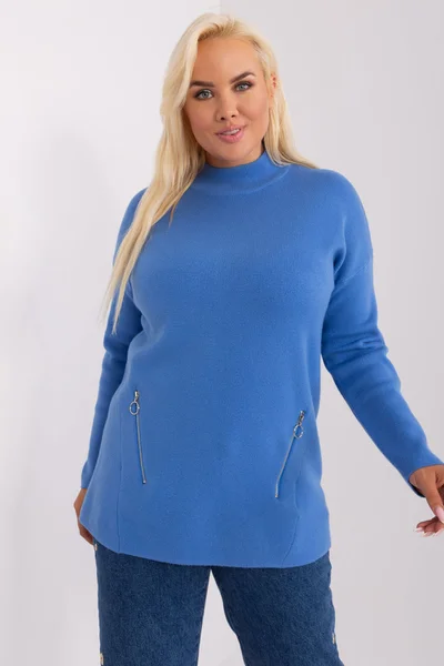 Dámský modrý plus size svetr s polovičním rolákem FPrice