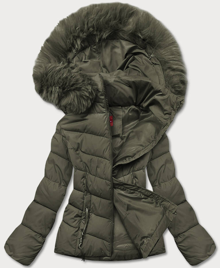 Zimní bunda YES!PINK khaki s kapucí a kožešinou, odcienie zieleni M (38) i392_20923-47
