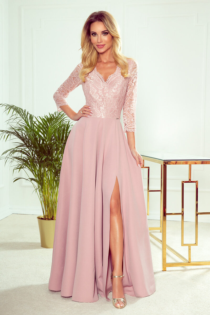 AMBER - Elegantní dlouhé krajkové dámské šaty v pudrově růžové barvě s dekoltem 74218 Numo, XXL i367_1493_XXL