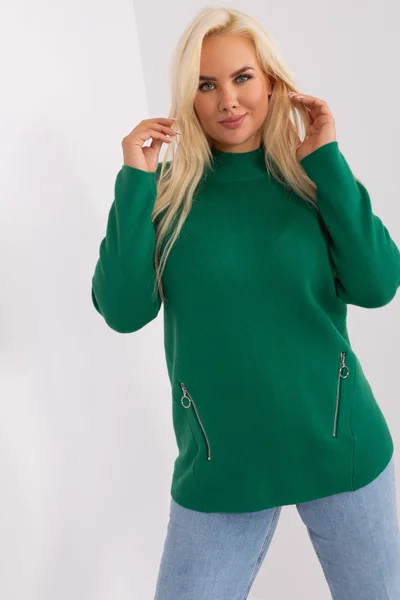 Dámský plus size svetr se zipy FPrice tmavě zelený