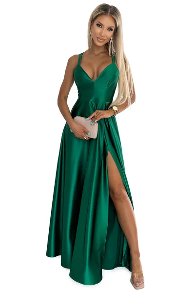 Zelené saténové maxi šaty Luna s výstřihem Numoco