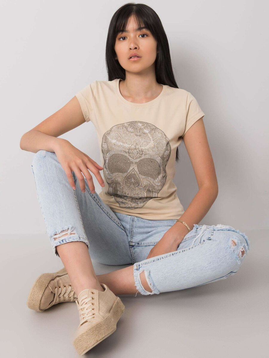 Béžové dámské tričko s lebkou FPrice, S i523_2016102959601