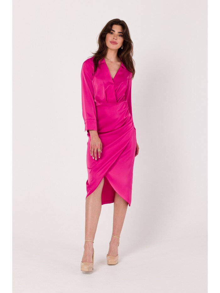 Růžové Saténové Zavinovací Šaty s Límečkem - Makover, EU XL i529_72099658954440844