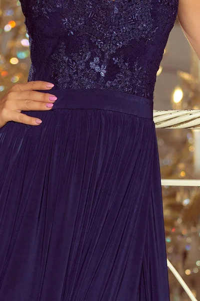 LEA - Dlouhé tmavě modré dámské šaty bez rukávů s vyšívaným výstřihem 2 model 30711