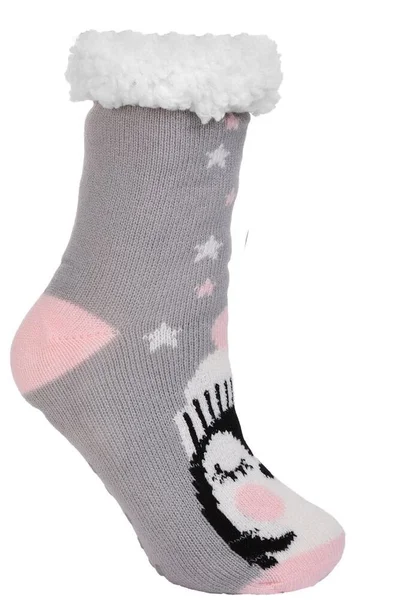 Teplé dětské ponožky Pingvin růžové s protiskluzovými nopky