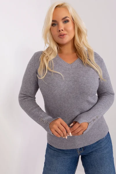 Šedý plus size dámský V-ýstřihový svetr - FPrice