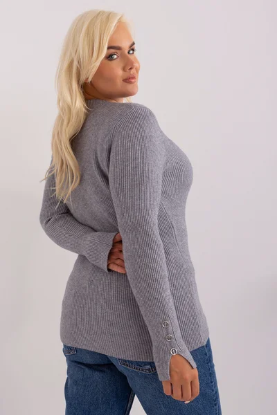 Šedý plus size dámský V-ýstřihový svetr - FPrice