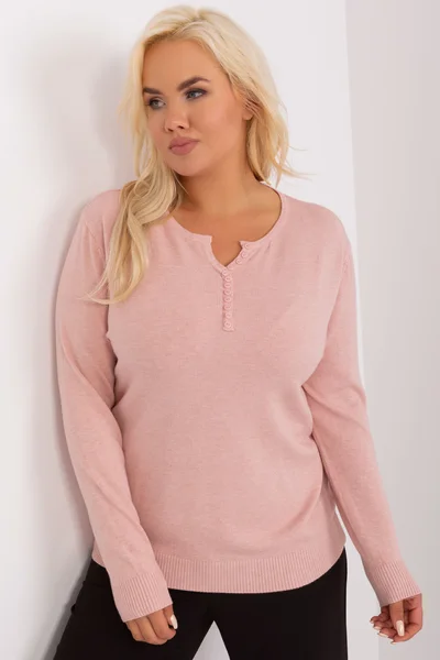 Světle růžový dámský plus size svetr s knoflíky FPrice