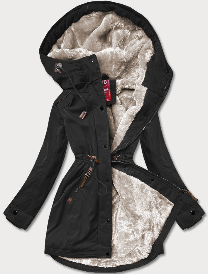 Černá dámská zimní bunda parka se vsadkami z eko kůže (2M-21A93), odcienie czerni XL (42) i392_20993-53