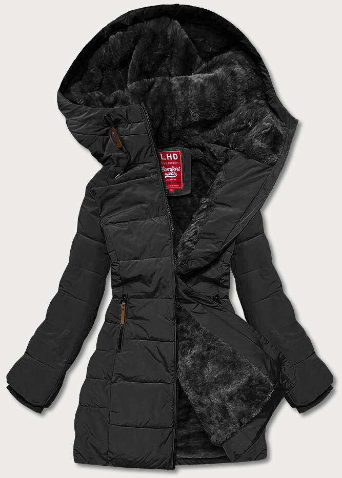 Zimní bunda s kožešinovou kapucí pro ženy - Černá Přírodní, odcienie czerni XXL (44) i392_21000-48