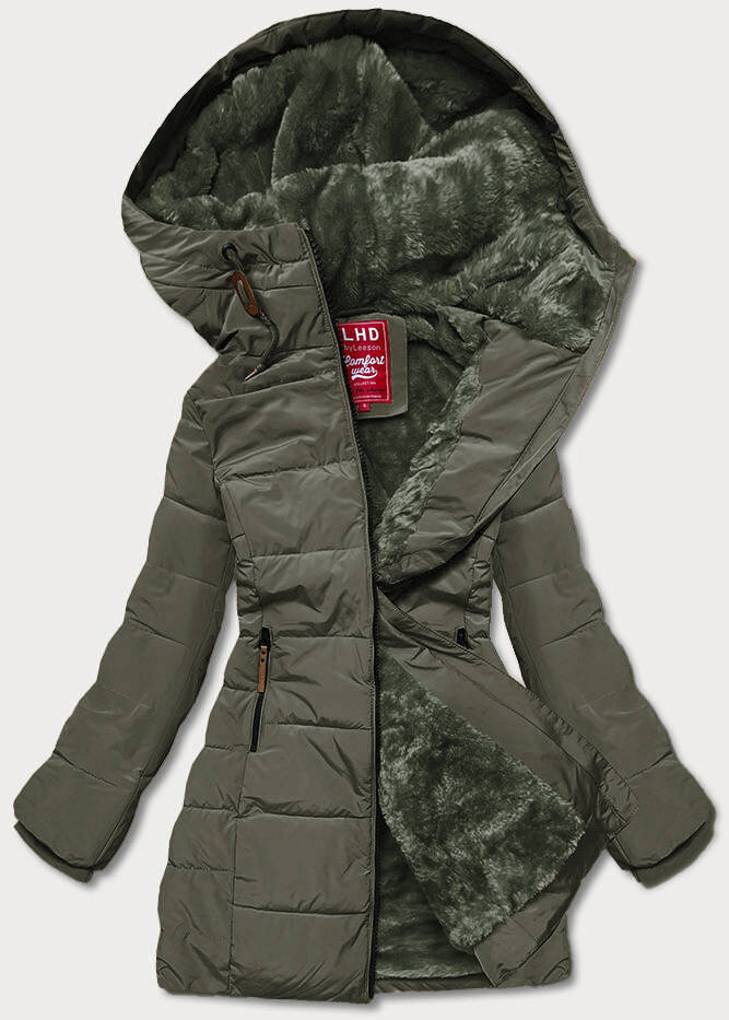 Zimní bunda pro ženy s kožešinovou podšívkou a kapucí v army barvě, odcienie zieleni XL (42) i392_21031-53