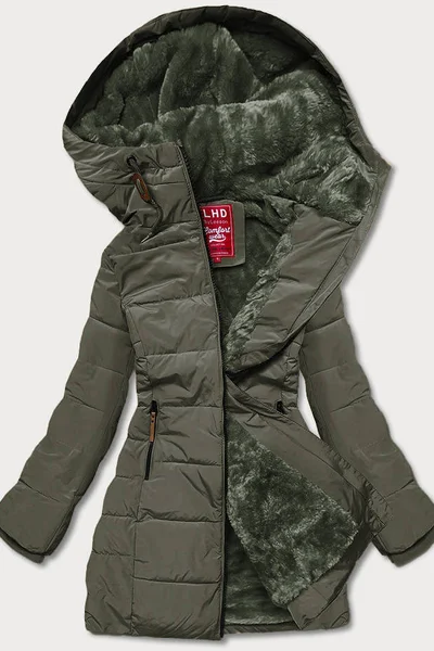 Zimní bunda pro ženy s kožešinovou podšívkou a kapucí v army barvě