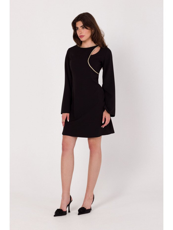 Černé Mini šaty s děleným výstřihem - Elegantní Páskové Šaty, EU M i529_618259786362259696