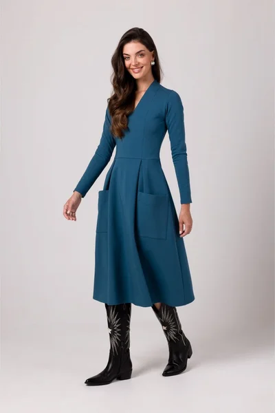 Modré dámské šaty s kapsami - Elegantní Pohodlí