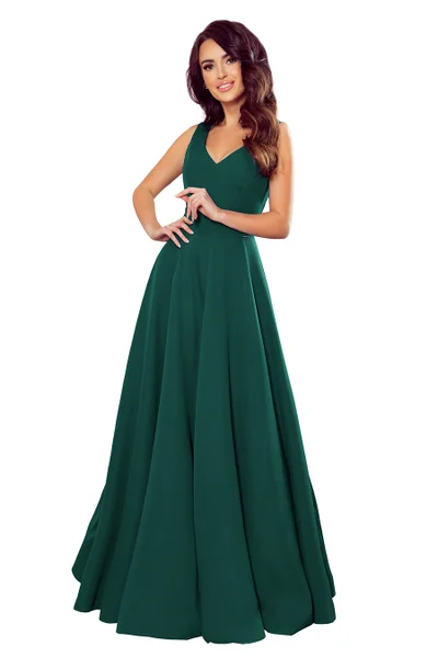 CINDY - Dlouhé dámské šaty v lahvově zelené barvě s výstřihem 62305 Numoco
