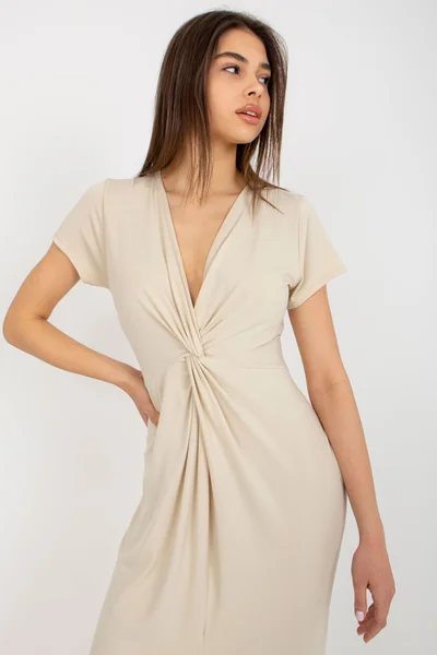 Beige Elegance - Dámské šaty FPrice s dlouhým rukávem a volánky