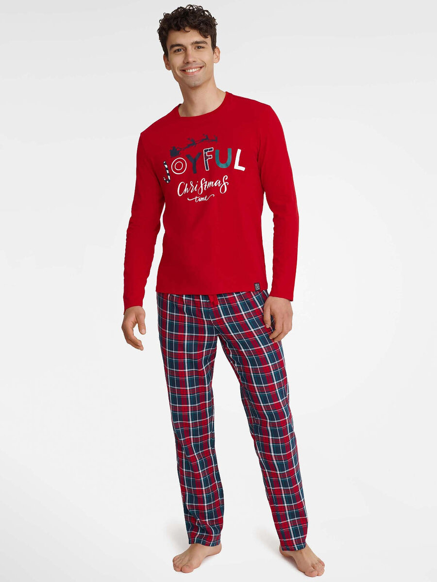 Vánoční pánské bavlněné pyžamo s dlouhým rukávem a kostkovanými kalhotami, červená XXL i384_22858152