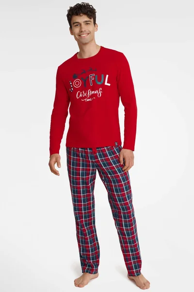 Vánoční pánské bavlněné pyžamo s dlouhým rukávem a kostkovanými kalhotami