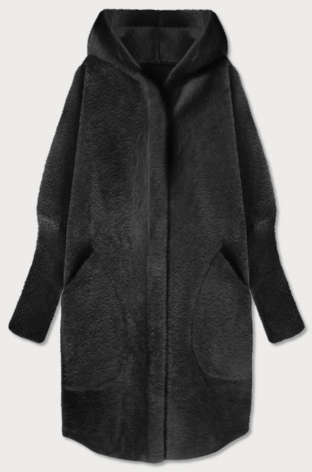 Dámský dlouhý černý vlněný přehoz přes oblečení typu alpaka s kapucí 2G7M MADE IN ITALY, odcienie czerni ONE SIZE i392_19635-50