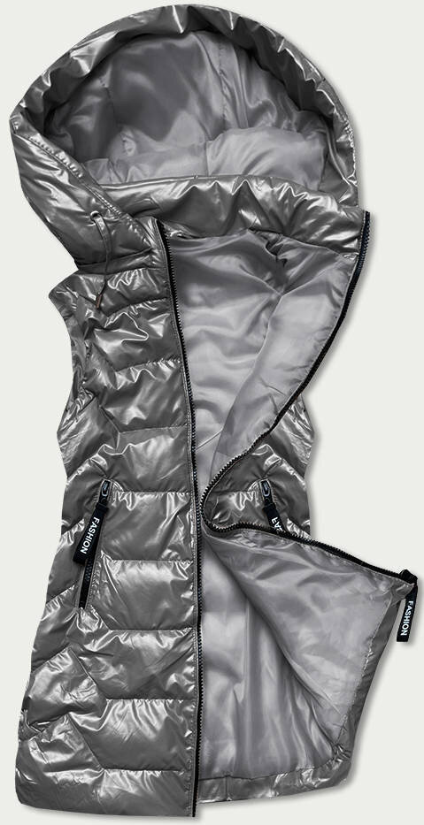 Lesklá šedá dámská vesta s kapucí 763I7 SWEST, odcienie szarości XL (42) i392_20105-53