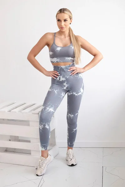 Fitness set top + push-up legíny šedá/bílá - K-Fashion