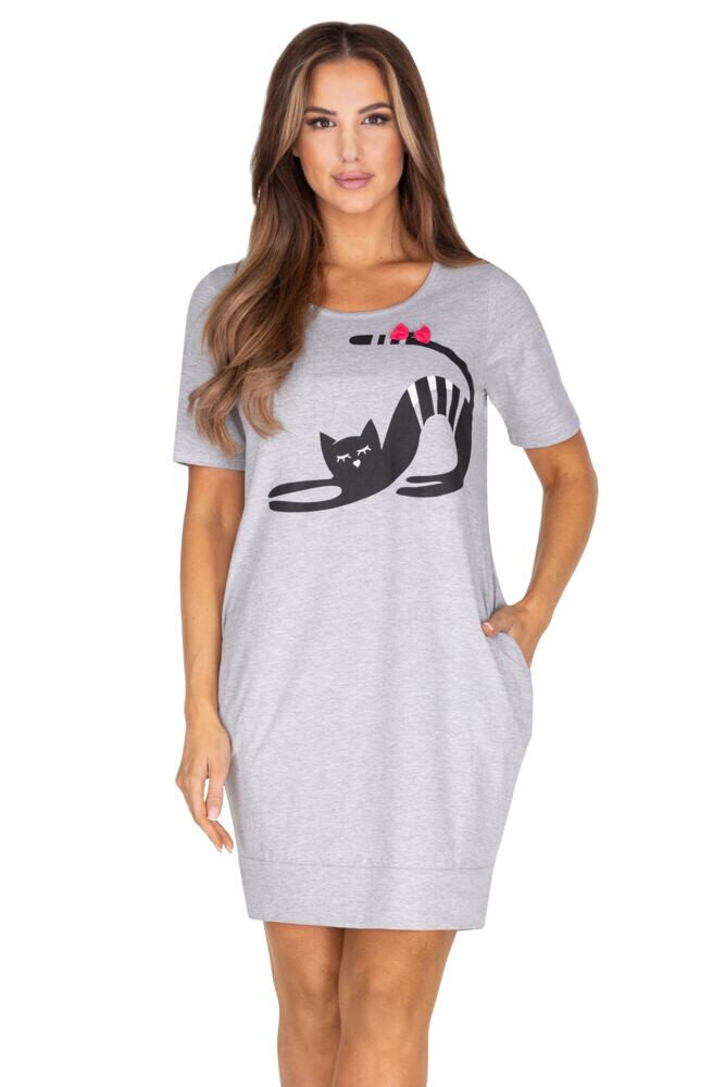 Dámská noční košilka Regina s potiskem kočičky, šedá XL i43_77237_2:šedá_3:XL_