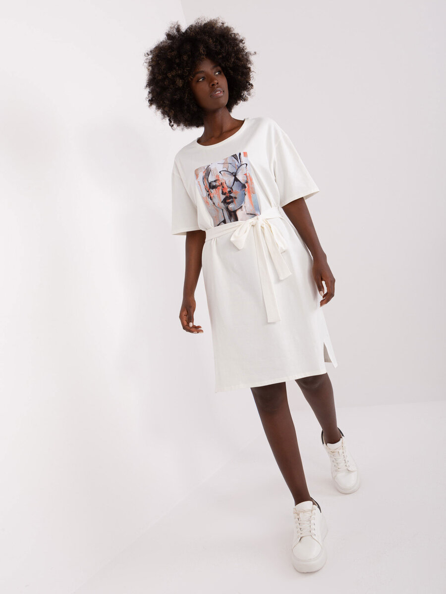 Letní dámské tričkové šaty s páskem v barvě ecru, S/M i523_2016103411399