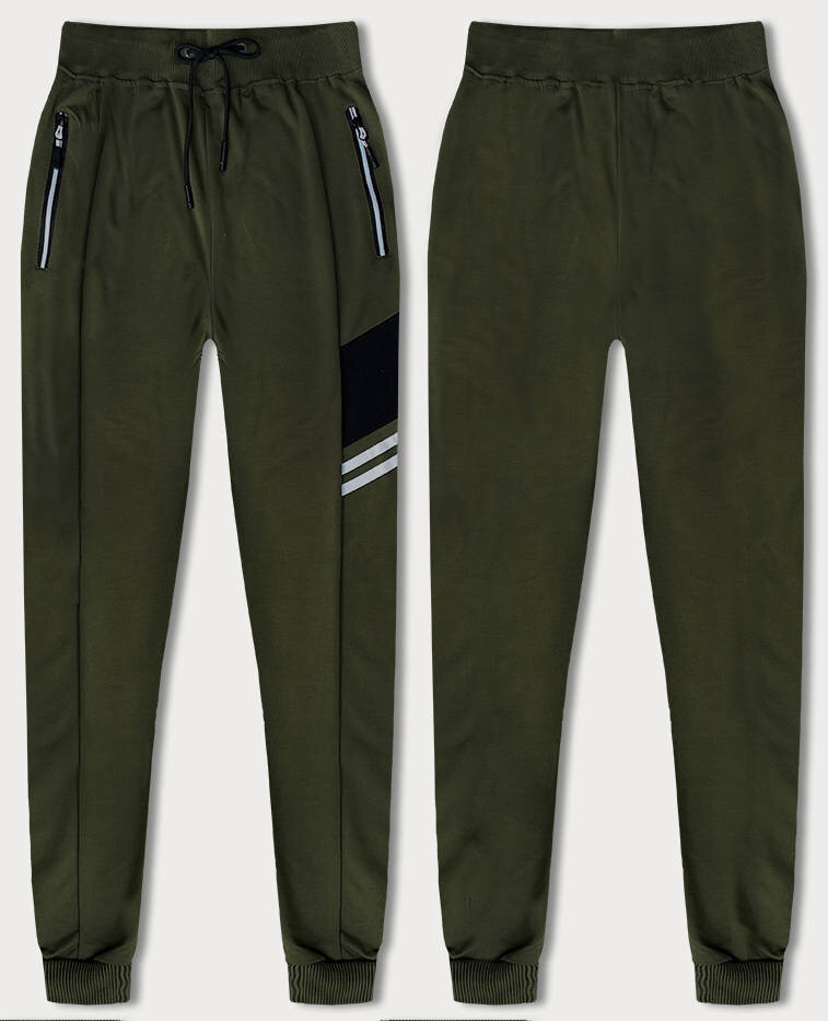 Pánské teplákové kalhoty v khaki barvě s barevnými vsadkami J.STYLE, odcienie zieleni M i392_22126-1
