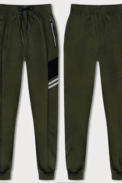 Pánské teplákové kalhoty v khaki barvě s barevnými vsadkami J.STYLE