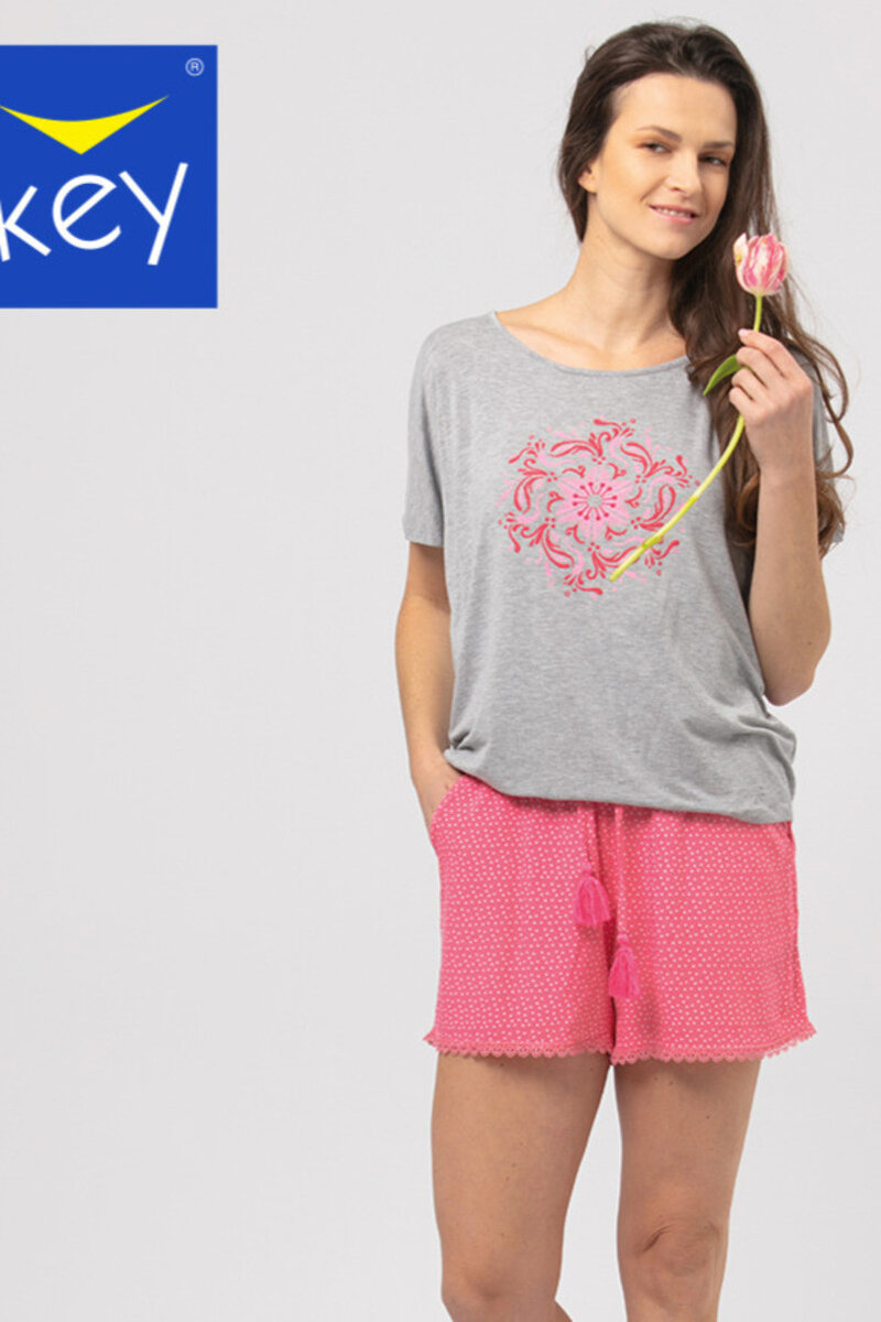 Letní dámské viskózové pyžamo s tričkem a krátkými šortkami, ŠEDORŮŽOVÁ M i170_LNS 562 A24 M