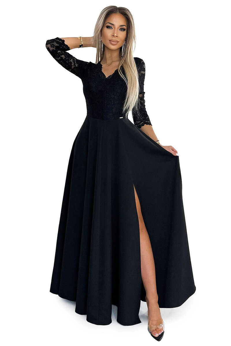 Černé krajkové šaty s výstřihem - NUMOCO 309-11, černá XL i41_9999949386_2:černá_3:XL_