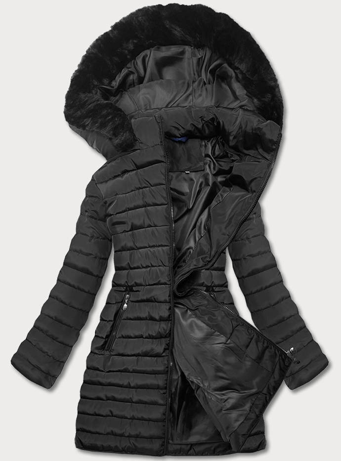Černá prošívaná bunda s kapucí a kožešinou - MINORITY, odcienie czerni 46 i392_21117-R