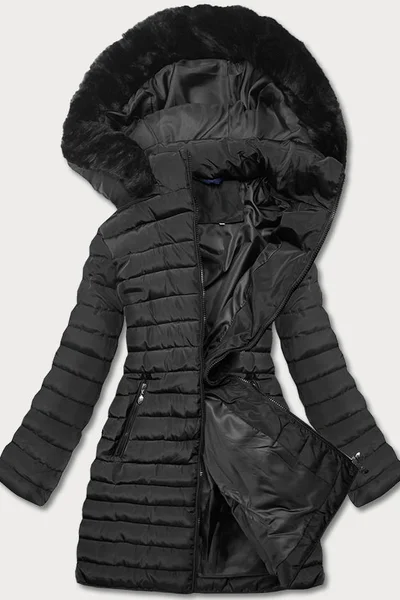Černá prošívaná bunda s kapucí a kožešinou - MINORITY