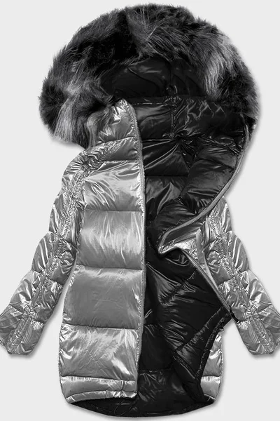Lesklá a matná oversize bunda pro ženy s kožešinovou kapucí