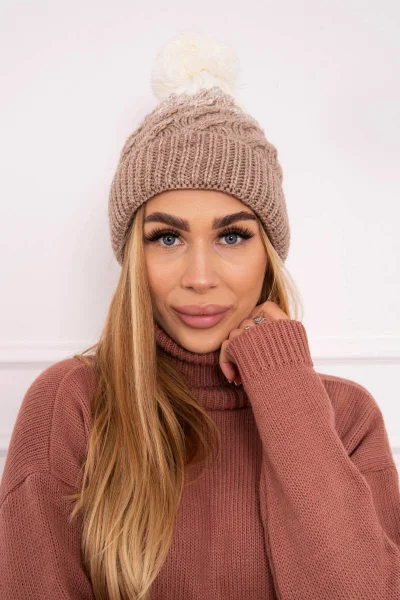 Fleecová Dětská Čepice s Bambulí Beige-Ecru K-Fashion