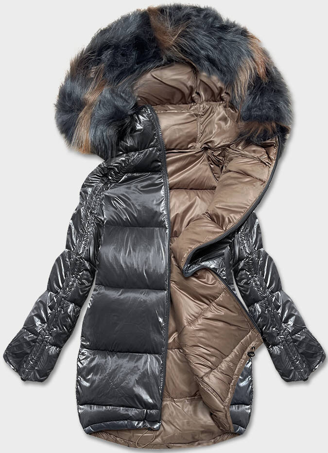 Lesklá a matná dámská oversize bunda s kožešinovou kapucí, odcienie beżu L (40) i392_21136-49