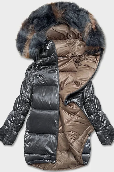 Lesklá a matná dámská oversize bunda s kožešinovou kapucí